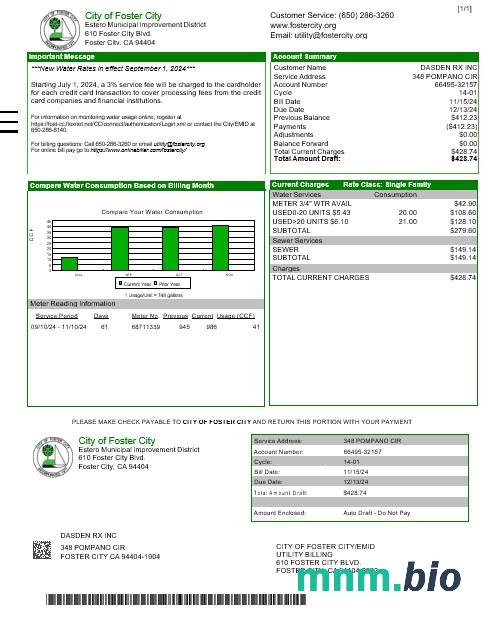 USA CITY of FOSTER CITY rachunek za usługi komunalne Word i szablon PDF